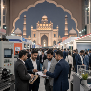 Business professionals networking at an industrial trade show before a grand architectural backdrop