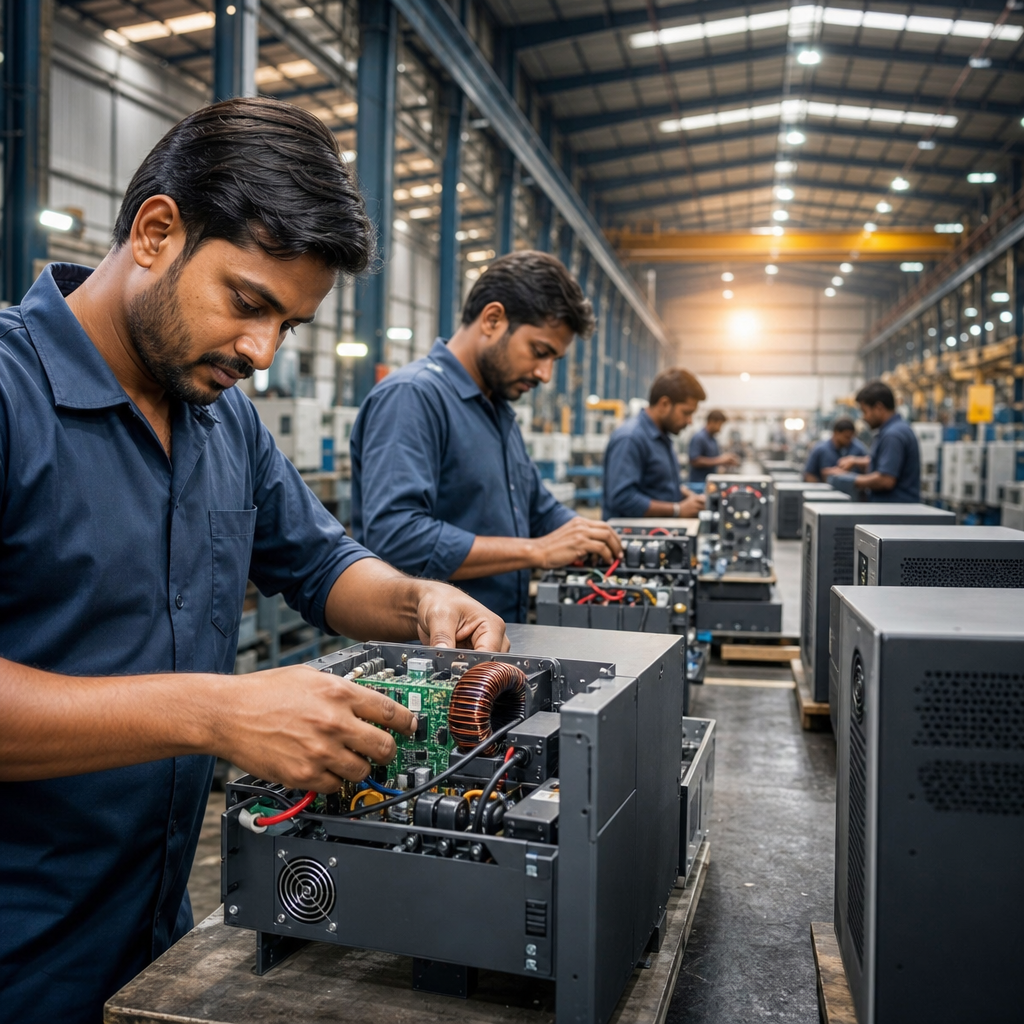Technicians assembling and testing electronic equipment in a modern industrial factory