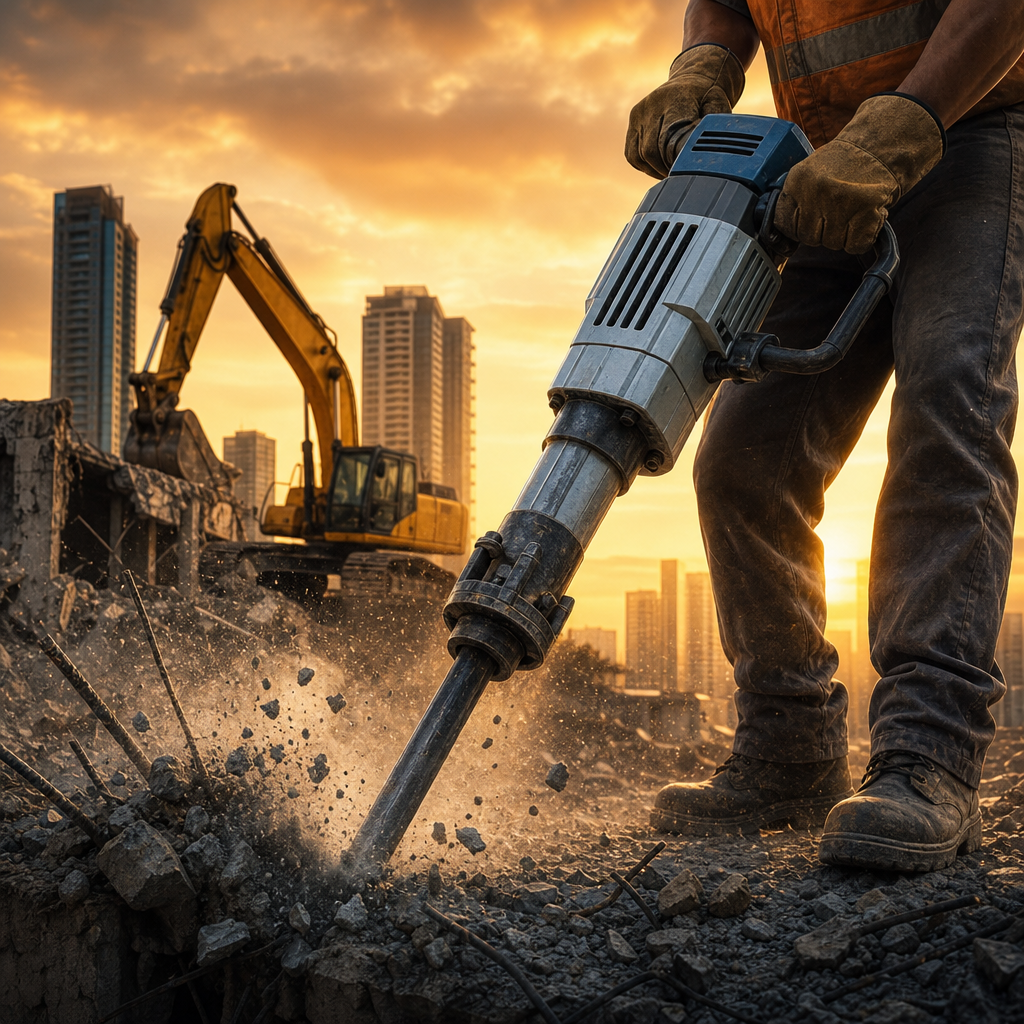 Construction worker using a jackhammer at a demolition site with city buildings at sunset