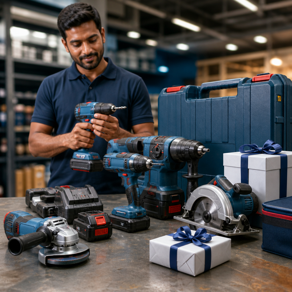 Man using a cordless power drill in a workshop with power tools and gift boxes around him